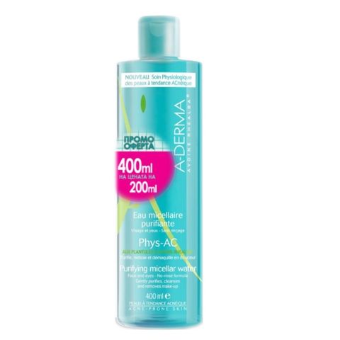 A-Derma Phys-AC Почистваща мицеларна вода за лице х200 мл + 200 мл