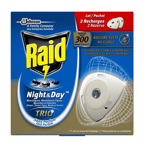 Raid Night & Day Trio Пълнител за електрически изпарител срещу мухи, комари и мравки x2 броя