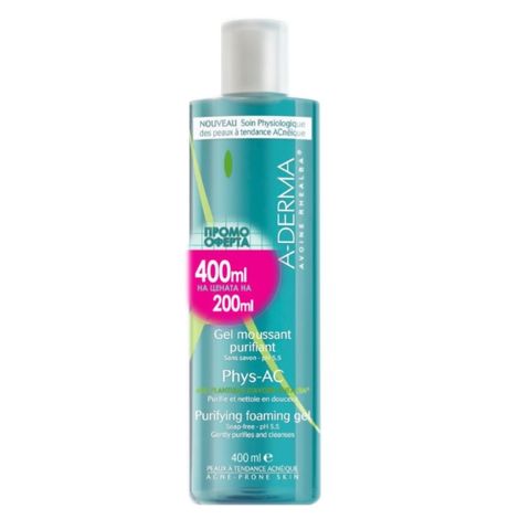 A-Derma Phys-AC Почистващ пенещ се гел за лице за кожа склонна към акне x200 мл + 200 мл