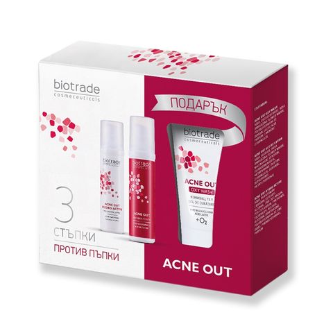Biotrade Acne Out Промо комплект Активен лосион за мазна и акнеична кожа, Хидратиращ крем за суха кожа и Окси Уош Измивен гел