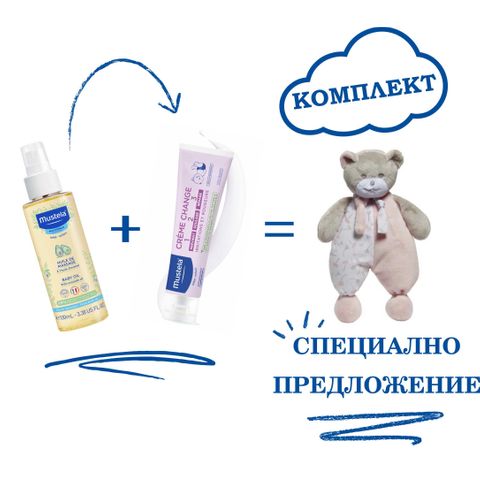 Mustela Промо комплект Масажно олио с масло от авокадо за бебета и деца, крем против подсичане 1-2-3 и Подарък мечето Мусти