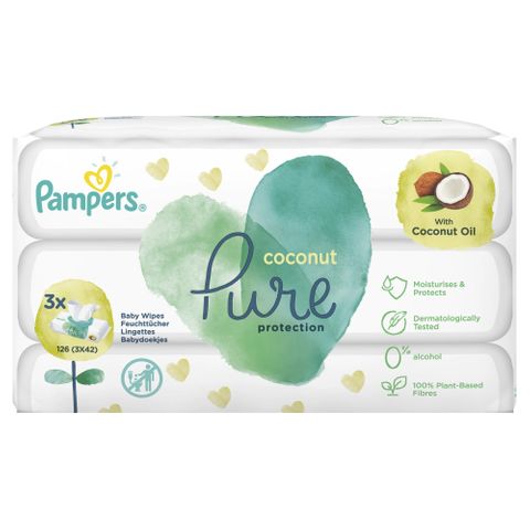 Pampers Coconut Pure Protection Бебешки мокри кърпи от органичен памук и кокосово олио 3x42 броя