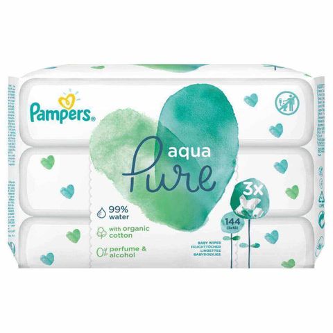 Pampers Aqua Pure Бебешки мокри кърпи с органичен памук и чиста вода 3х48 броя
