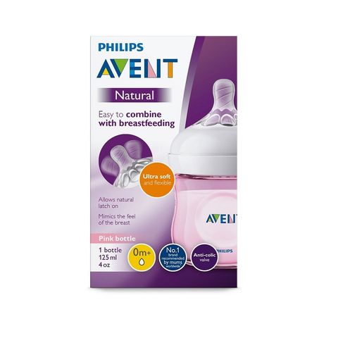 Avent Natural Бутилка за хранене с биберон Natural за новородено с една дупка x125 мл - розова