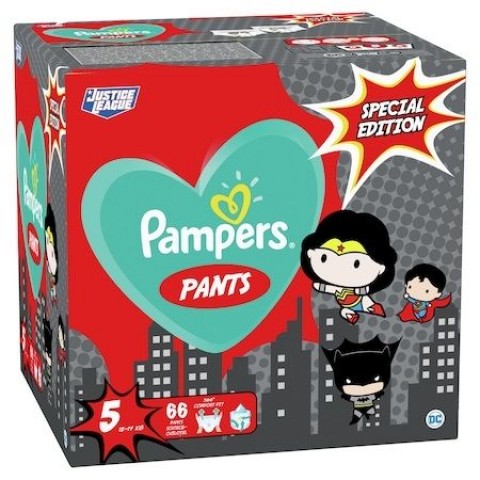 Pampers Pants Special Edition 5 Junior Пелени-гащи ''Justice League'' за бебета от 12 до 17 килограма x66 броя